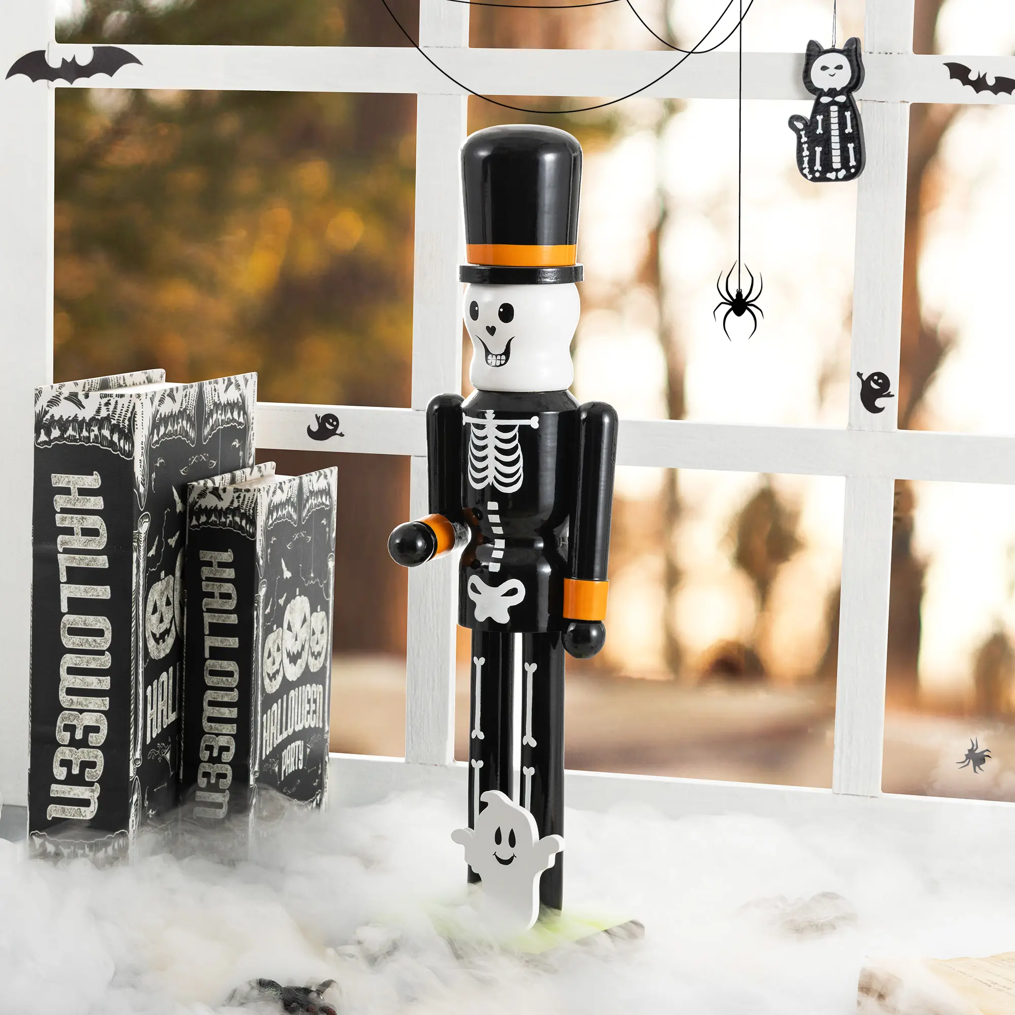Glitzhome 18-in Spooky Bone-Pattern Hand-Painted Wooden Halloween Skeleton Nutcracker, Ornament, Decorative Hat Included - Collectible Figurine & Miniature for Desk, Festive Home Decor