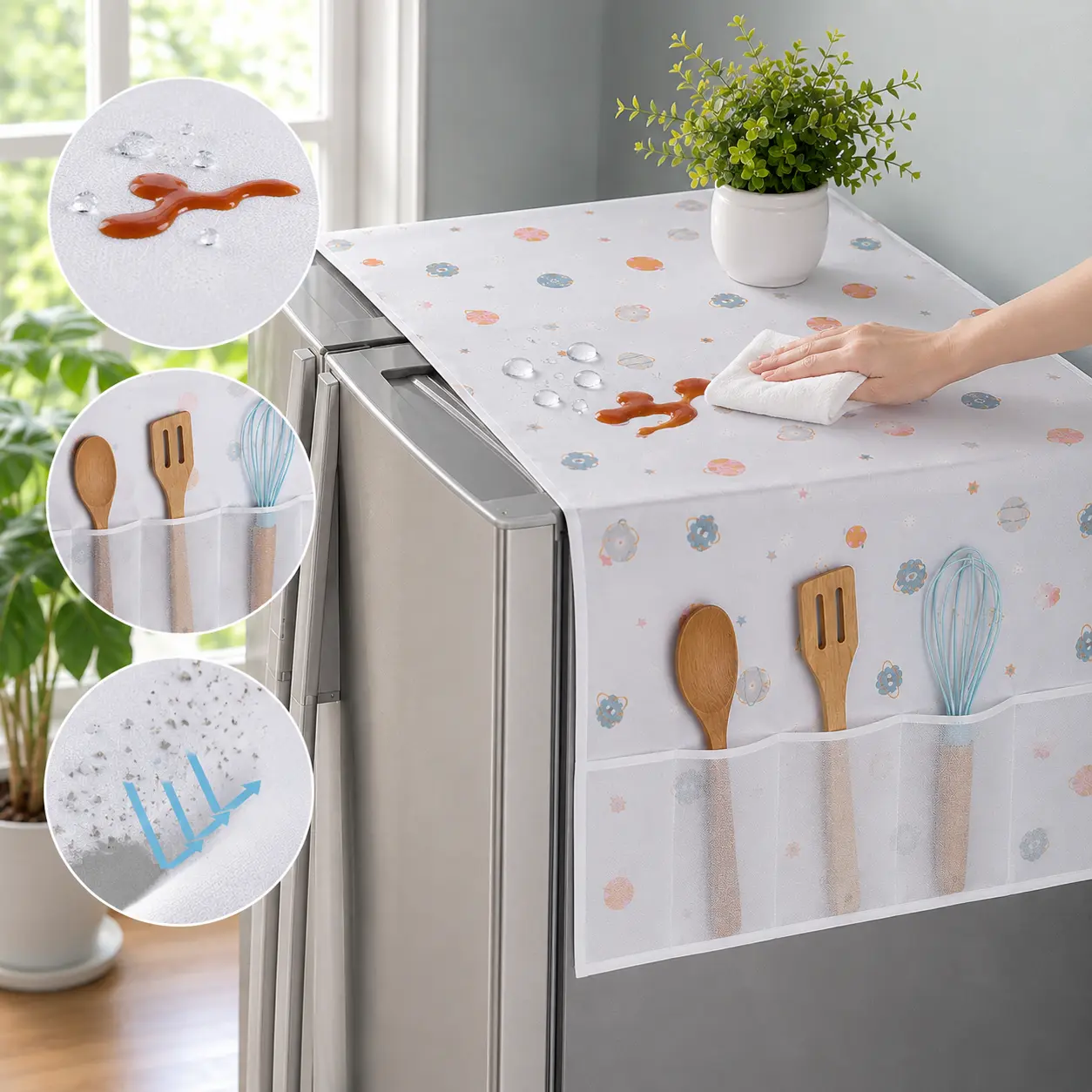 Refrigerator Dust Cover with Storage Pockets Multi Functional Waterproof Fridge Top Protector Household Kitchen Appliance Dust Proof Cover - MM2