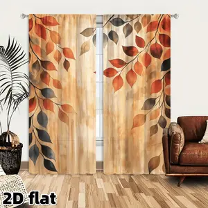 2D Flat 2Pcs Fall Leaves Curtains Autumn Theme Window Panels Watercolor Orange Brown Leaf Pattern Semi Sheer Fabric Rod Pocket Design Living Room Bedroom Kitchen Balcony Treatment Decor Home Decoration Thermal Insulation Thermal Insulated Curtain