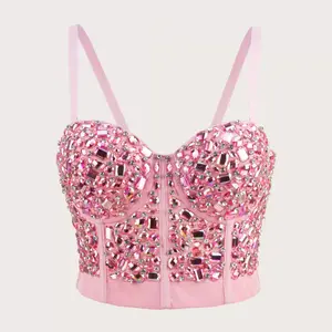 Elevated Going Out Tube Tank Halter Tops Pink Crystal Embellished Sleeveless Handmade Acrylic Drill Fishbone Mesh Yarn Bra Blusas Short Corset for Spring Summer Outfits Wedding Party Stage Shaper Crop Halter Tube Tank Top