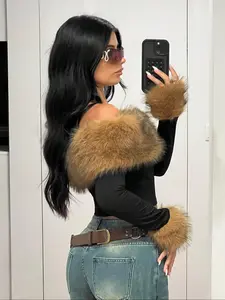Fluffy Collar Furry Spliced Shoulder Long Sleeve T-Shirt, Fashionable and Elegant, Perfect for Autumn Winter Seasons, Women's Casual Top