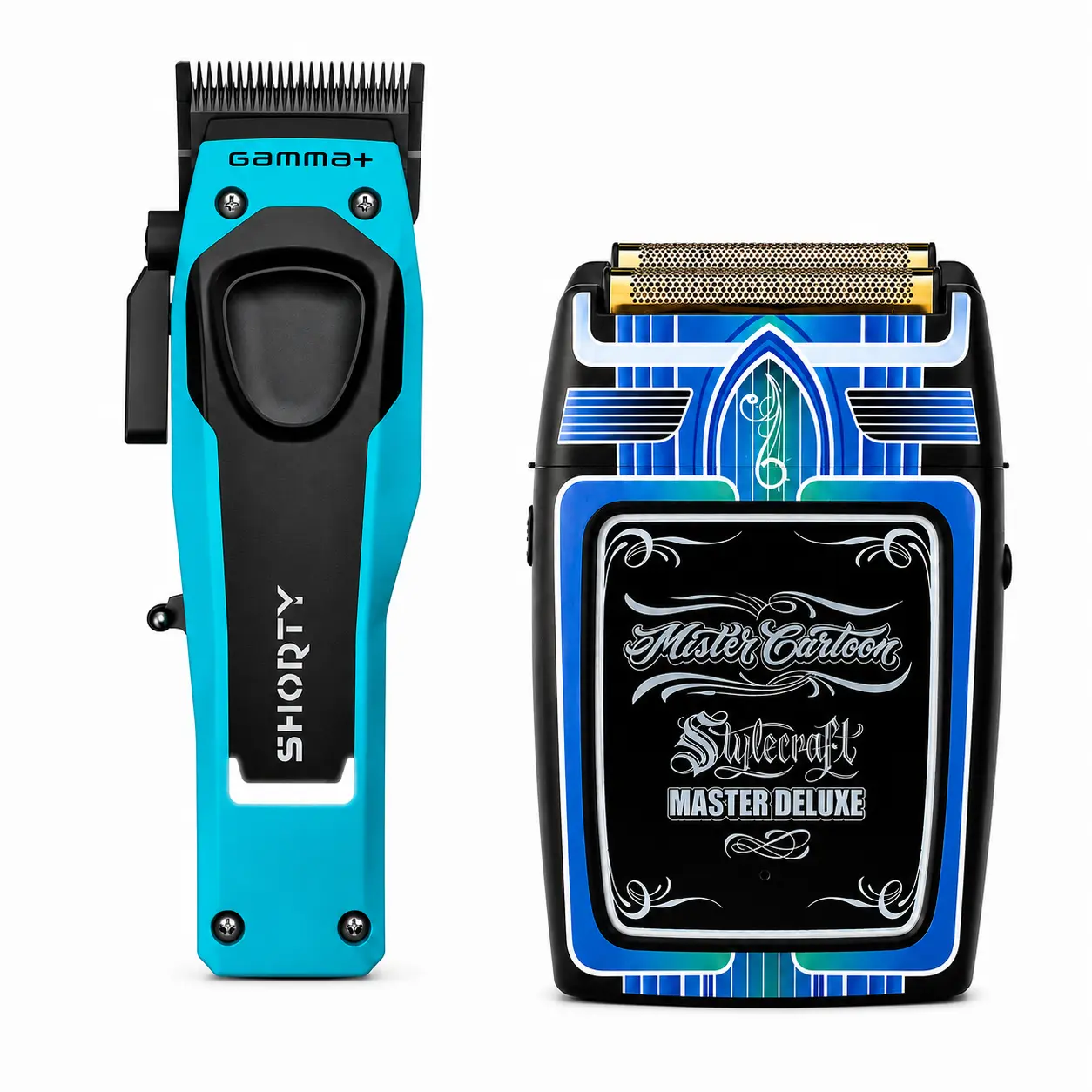 Gamma+ Shorty Compact High-Torque Cordless Clipper & StyleCraft Rebel Mister Cartoon Limited Edition Foil Shaver Combo GP605M + SC809M