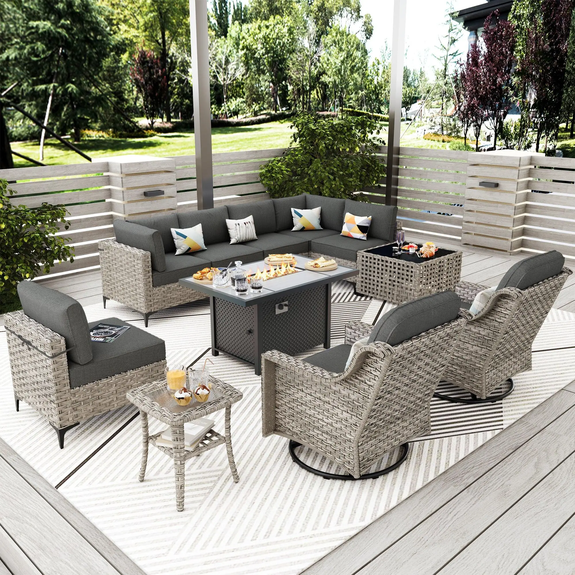 【Back To School】OVIOS 11-Piece Outdoor Patio Furniture Set with 42" Fire Pit Table, Swivel Rocking Chairs & Solar LED Coffee Table, All-Weather Wicker Rattan Sectional Sofa Conversation Set with Cushions