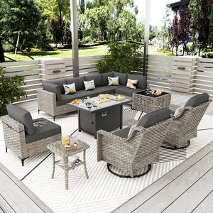 Ovios Patio Furniture Set 11-Piece Outdoor Wicker Rattan Sectional Sofa with Cushions, Rocking Swivel Chairs & LED Coffee Table, All-Weather Conversation Set for Backyard Garden Deck Patio Porch Lawn
