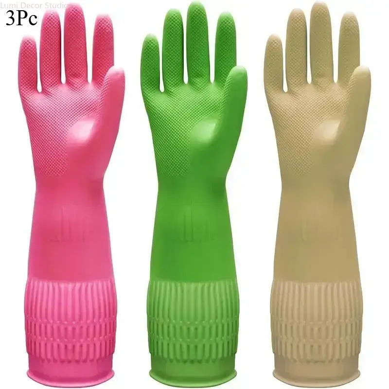 Cleaning Gloves, 3-Pack Heavy-Duty Rubber Gloves with Extended Cuffs & Non-Slip Grip, Waterproof, Non-Toxic for Heavy Duty Protection, Flexible, Reusable Rubber Cleaning Gloves