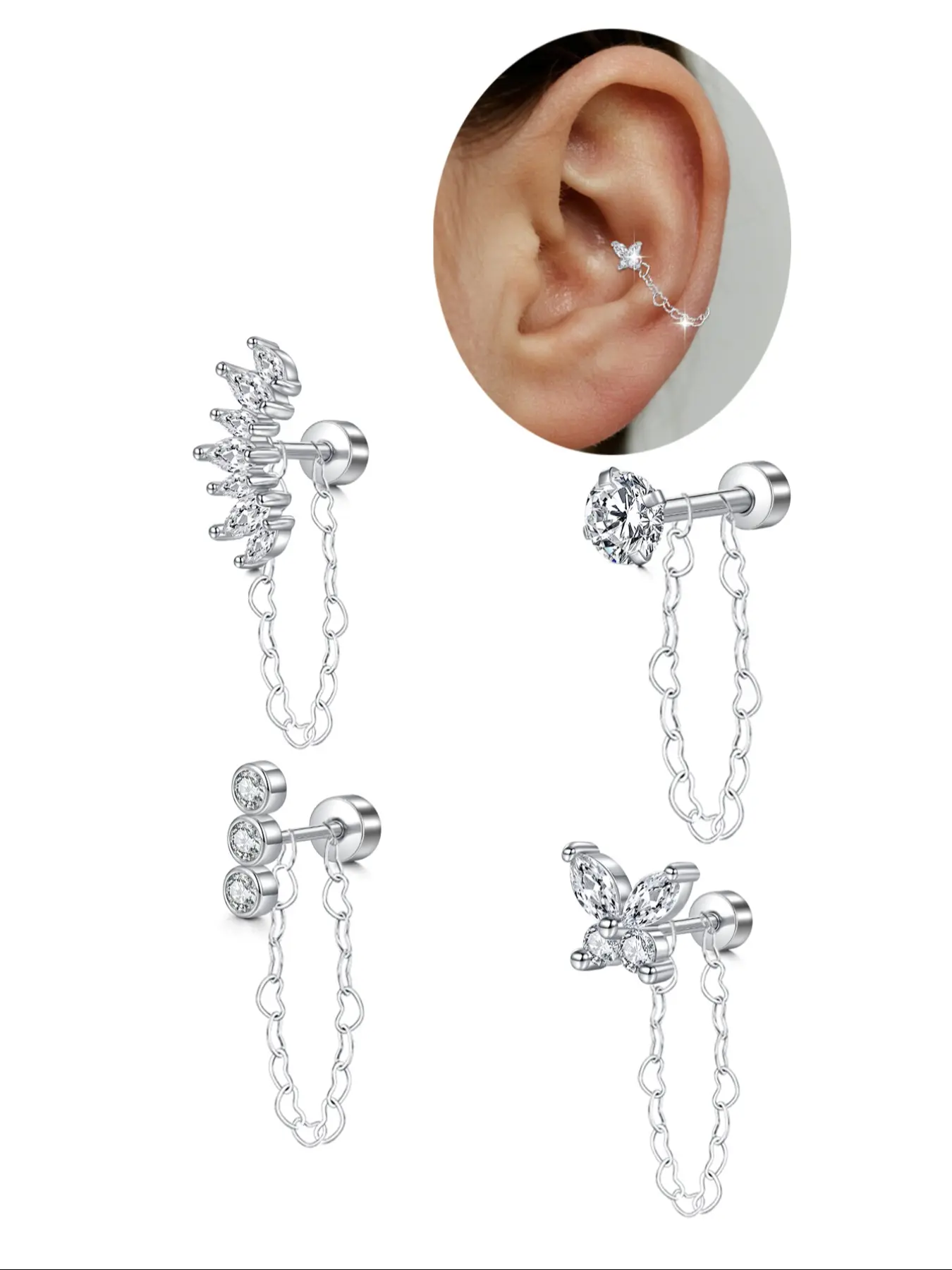 Stainless Steel Cubic Zirconia Butterfly Chain High Quality Earrings Set, Unisex Soft Ear Cartilage Studs, Stud Earrings Jewelry, Sparkling Ear Jewelry, Fashionable Gift for Birthdays, CZ Earrings