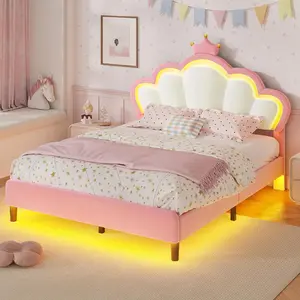 SIKAIC Princess Crown Velvet Upholstery Smart LED Platform Bed Frame with Adjustable Headboard, Twin/Full Bed Frames, No Box Spring Needed, Pink