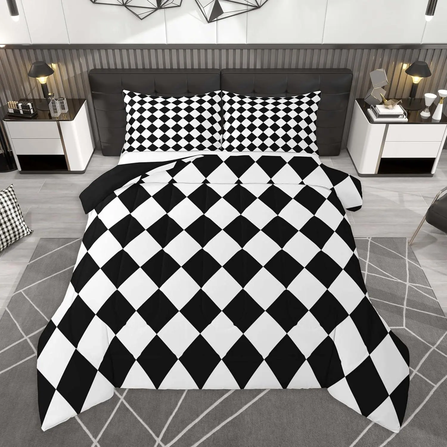 Diamond Plaid Bedding Set Soft,Buffalo Check Grid Comforter Set Classic Checked Black White Duvet Quilt Microfiber Bedroom Decor