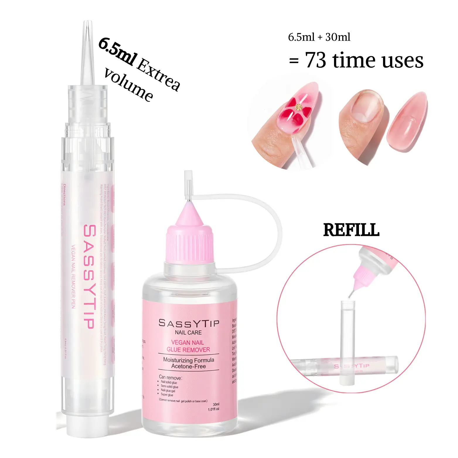 SASSYTIP 6.5ml 30ml Reuse and refillable Nail Glue Remover Pen Bottle, Nail Glue Remover For Press On Nails, on the go Pen Design, pocket pen For Fake Nails Debonder Adhessive Remover Acetone-free