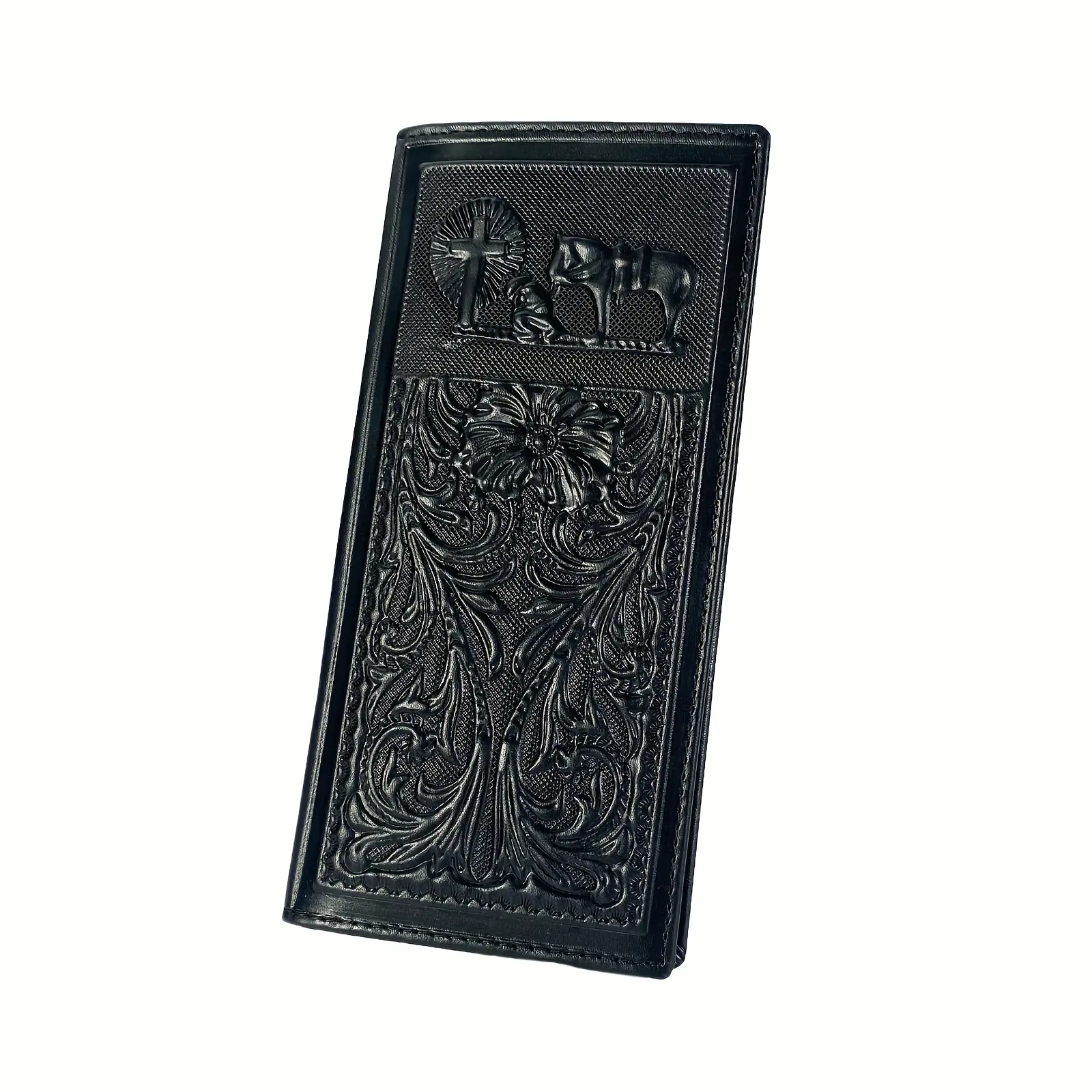 Long Wallet for Men, Elegant Western Full Grain Leather Checkbook Holder with Vintage Prayer Design, Casual Holiday Gift with Multiple Card Slots, Party, Dry Clean, Prayer Motif, High Capacity, Retro, Classic, Men's Wallet