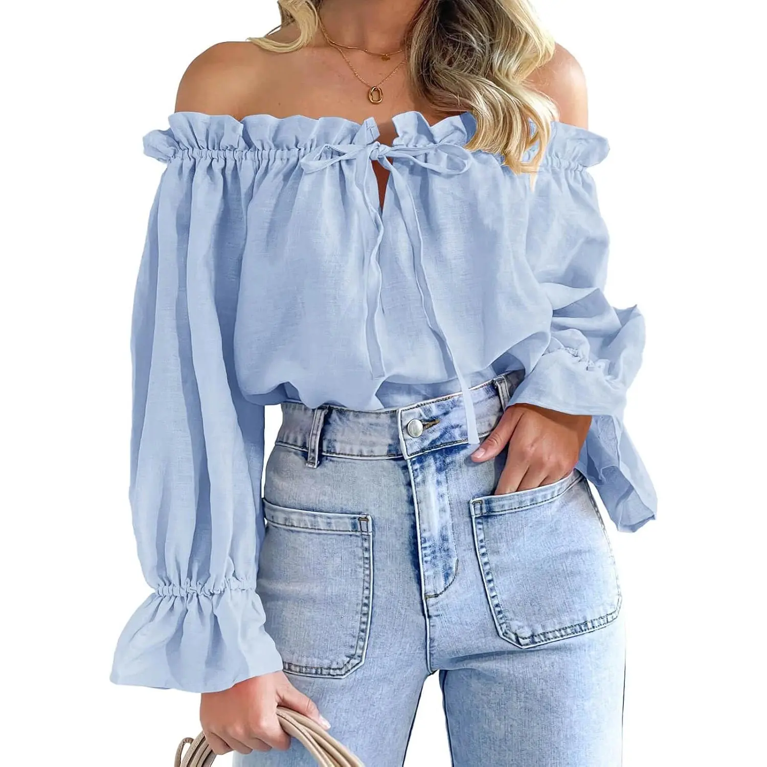 Imily Bela Women's Lightweight Solid Off-Shoulder Puff Sleeve Tie-Front Blouse - Loose-Fit Ruffled Top, Ready To Wear, Shirt, Check Size Chart