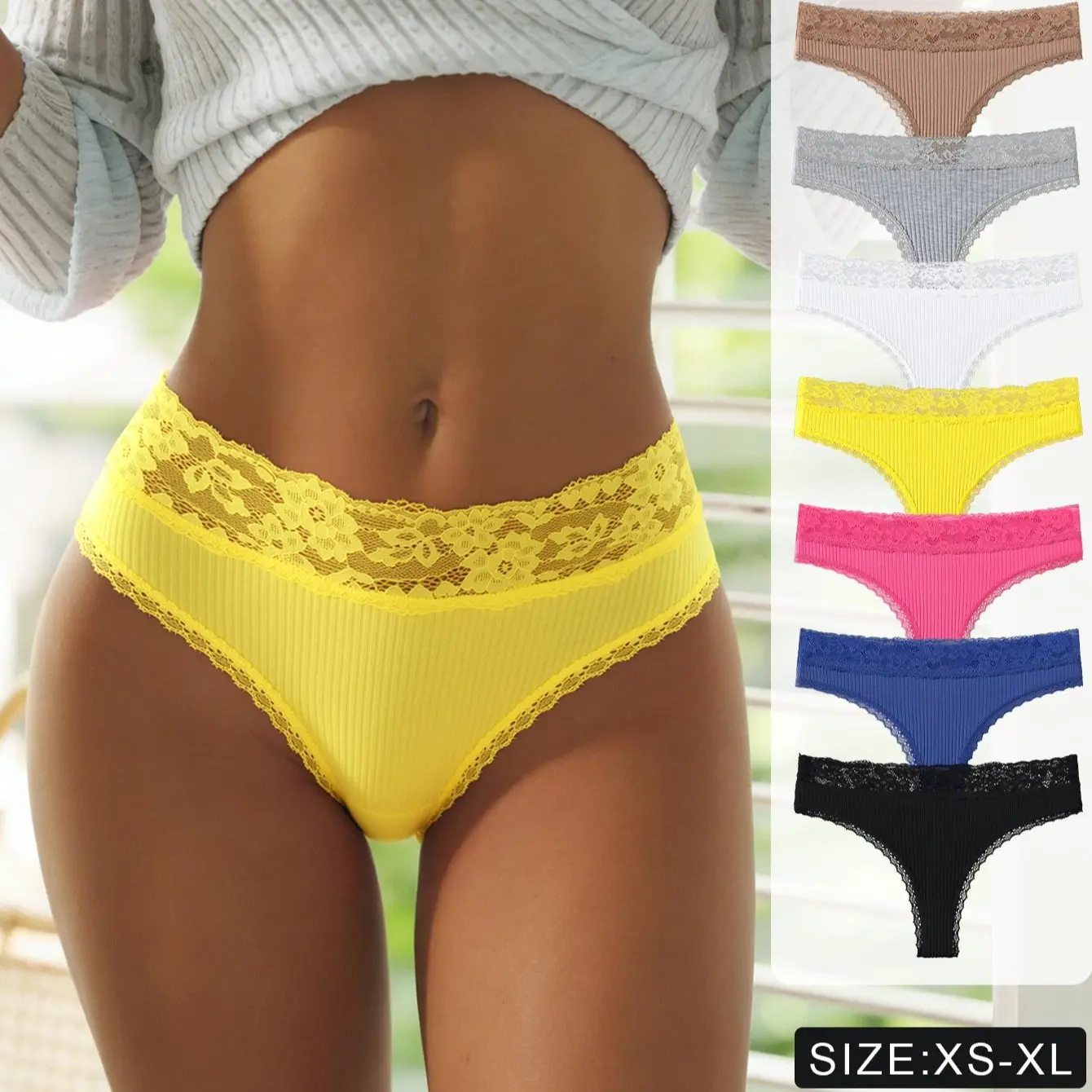 Hotcom Women's Cotton Thong Panties, Solid Low-Waisted Underwear with Contrast Lace Trim, Soft Breathable Cheeky Fit for Everyday Wear, 3-7 Pack, Toe Thong, Cotton Underwear