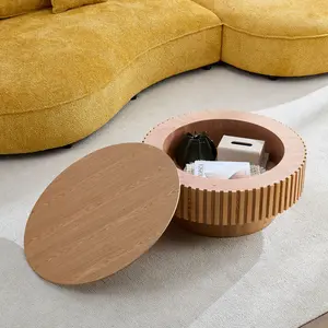 31.49" Round Wood Coffee Table with Storage for Living Room, Modern Handcraft Drum Coffee Table, Circle Wooden Coffee Table for Small Space Apartment ASH.