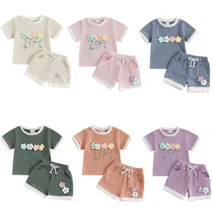 Toddler Girl Summer Waffled Knit Cute 3D Flower Short Sleeve Pullover T Shirt Tops Elastic Waist Shorts Outfit #Springtok