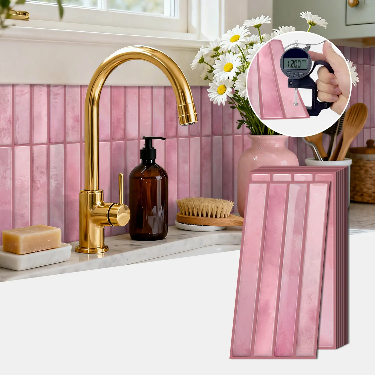 12/24/48PCS (ETP05) Epoxy 3D Pink Vertical Striped Misty Texture Decorative Wall Tile Stickers | Waterproof Oil-Proof Kitchen Bathroom Decoration Waterproof Wall Decals