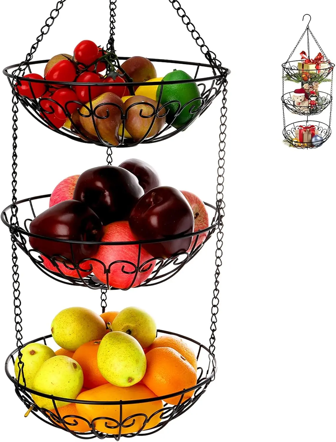 3-Tier Hanging Fruit Basket, Heavy Duty Wire Baskets for Kitchen, Rustic Hanging Veggie Rack, Metal Fruit Holder with Hook Storage for Potatoes, Onions, Oranges, Bananas, Limes, Lemons