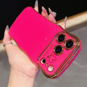 for iPhone 17 Pro Max Case for Women Girls, Cute Wave Frame Curly Shape with Love Heart Pattern Raised Camera Protection Cover Luxury Plating Shockproof Phone Case for iPhone 13 14 15 16 Pro Max