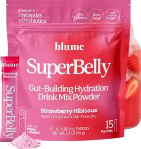 Blume SuperBelly Gut Health and On-The-Go Hydration Packets, Sugar-Free, with Prebiotics, Probiotics, Apple Cider Vinegar, Vitamin C, and Electrolytes, Strawberry Hibiscus, 15 Sticks