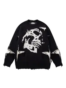 Men's Gothic Skull Star Patchwork Knitted Sweater, Casual Round Neck Knitwear for Fall & Winter, Fashionable Ripped Design, Trendy Street Style, Graphic Sweater