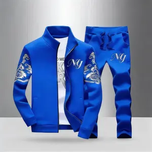 Stylish Men's Embroidery Stand Collar Tracksuit - Full Zip 2-Piece Casual Sportswear for Daily Wear