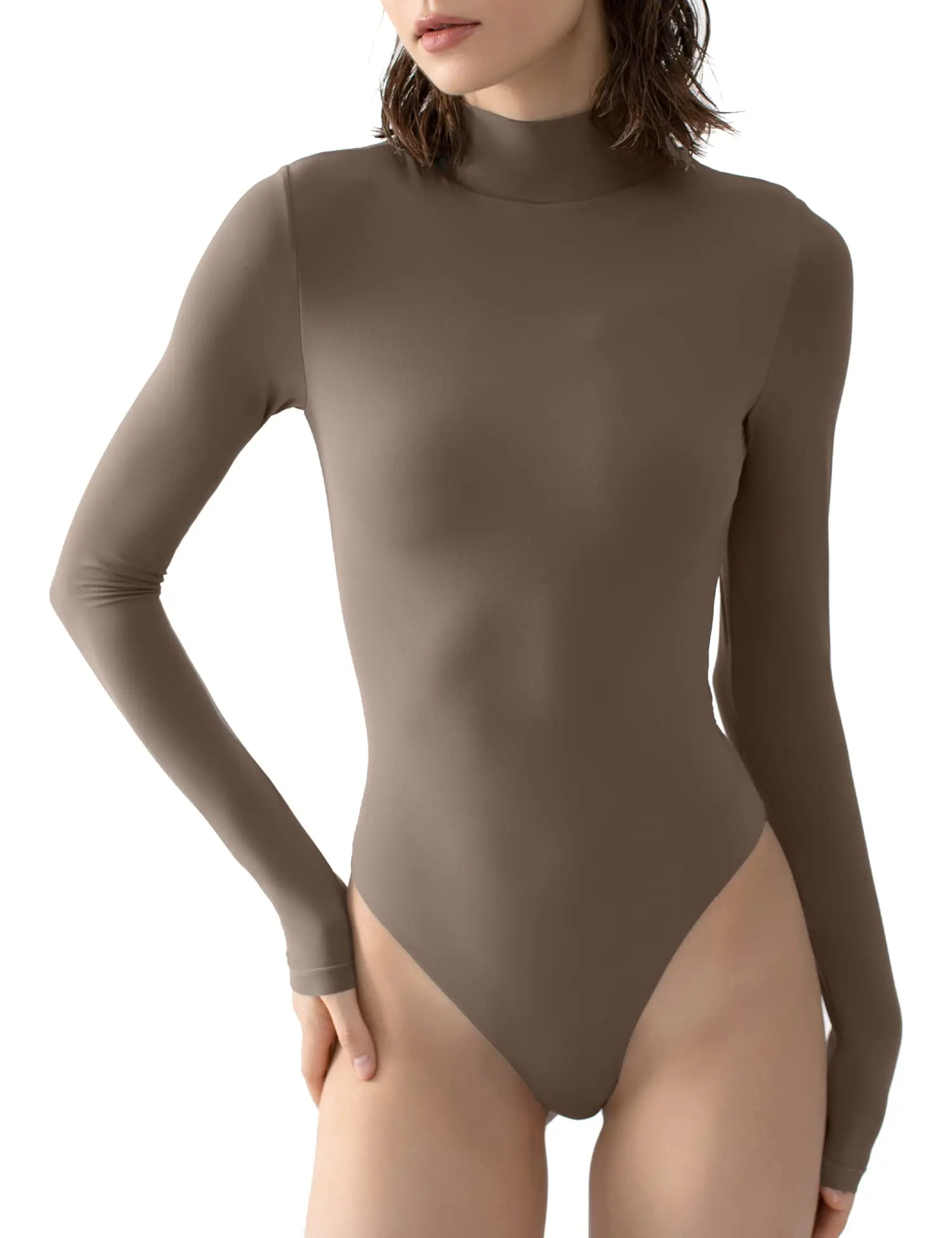 PUMIEY Women's Chic Mock Neck Bodysuit, Long Sleeve Buttery Soft Thong Tops, Seamless for Layering, Fashion, High Neck, Stretchy, Fashion Apparel, Snap, Button, All Season, Clothes Products, Double-Layer, Fabric, Basic