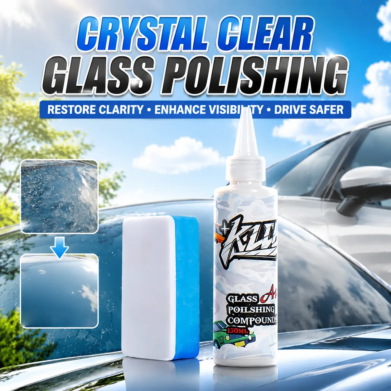 Glass Polish Water Spot Remover – Instant Removal of Oil Film, Hard Water Stains & Wiper Marks, Restores Ultra Clear Windshield Visibility with Long-Lasting Hydrophobic Protection