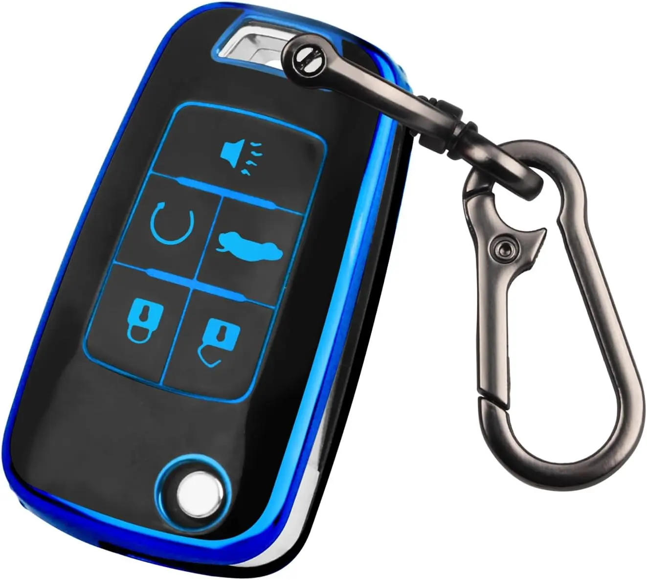 Chevy 5-Button Key Fob Cover with Keychain, Soft TPU for Protection, Fits Keys of 2010-2019 Chevy Cars (Equinox, Malibu, Impala, Cruze, Sonic, Camaro) (Black with Blue Trim)