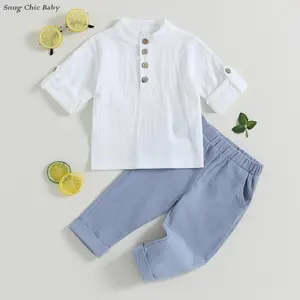 Two-piece set for toddlers - Henley collar rolled-up sleeve shirt + elastic waist trousers, casual summer vacation/beach everyday wear (0-4T)