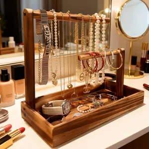 Solid Walnut Wood Necklace & Bracelet Display Stand – Jewelry Organizer Shelf and Pendant Hanger