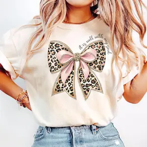 It Is Well With My Soul Shirt, Pink Coquette Bow Religious Shirt, Coquette Bible Verse T-Shirt Cotton Fabric