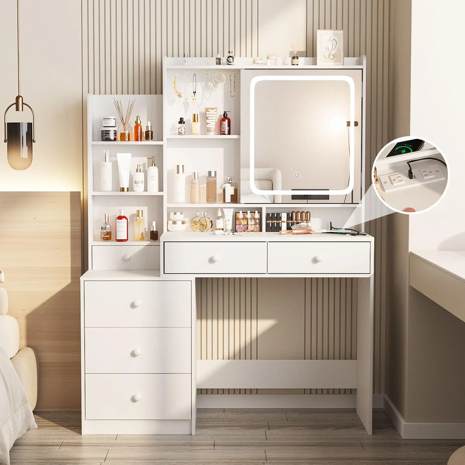 [tiktokshopbacktoschool] Vabches Vanity Makeup Mirror Desk,Makeup Vanity with 6 Drawers and Shelves,Vanity Table with Power Strip,Vanity Mirror 3 Lighting Color Adjustable