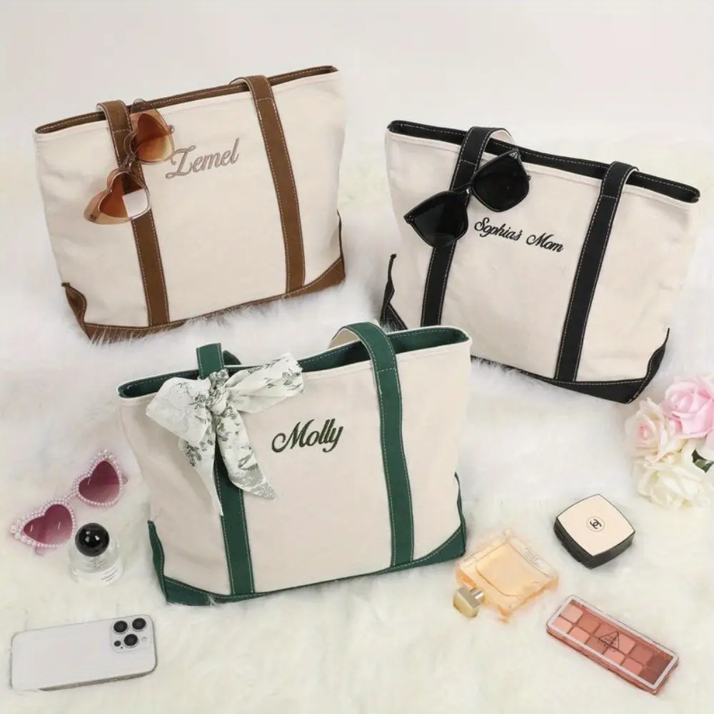 Canvas Tote Bag, Personalized Embroidered Name Duffel Bag, Wedding Gift, Personalized Gift, Gift for Her
