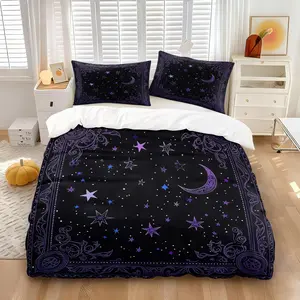 Purple Black Celestial Moon Star Duvet Cover Set (1 Duvet Cover + 1/2 Pillowcases, No Core), Soft Breathable Mystic Astrology Print Bedding, All Season Comforter Cover for Bedroom, Witchy Decor