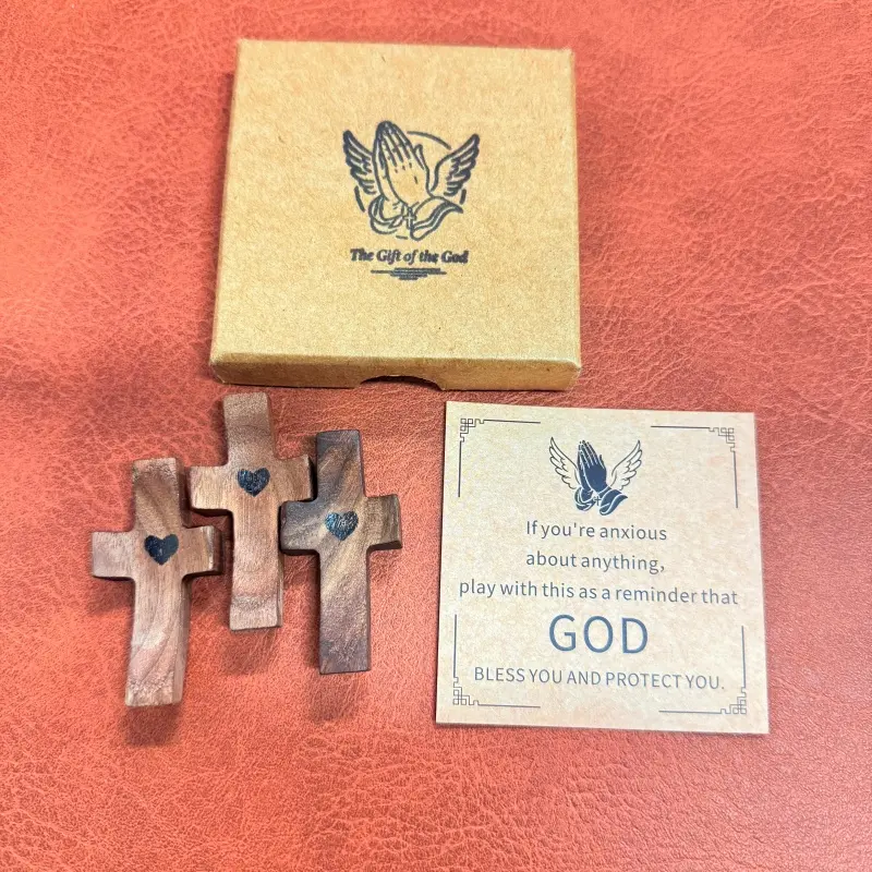 SATUCOL 3-piece Walnut Cross Set - Relieves Anxiety, Suitable as a Gift for Baptisms, Confirmations, Easter, Christmas, and Other Occasions. Religious Home Decor Hand Engraved Box couple gifts