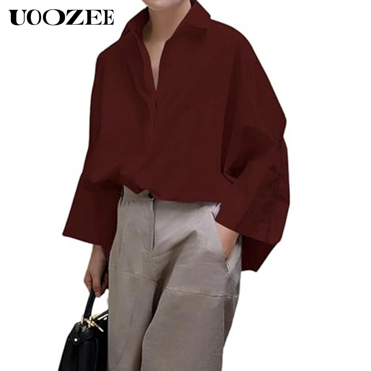 UOOZEE Women's Loose Oversized Collared Lapel Blouse - Polyester Fabric, Basic Style, Comfortable Longsleeve Lady Top for Commuting, Office, Fall Occasions,summervibes