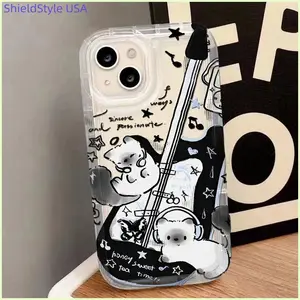 Black Guitar Music Cat Clear Case for IPhone 16 15 14 13 12 11 Pro Max 14 15 8 Plus X XR XS Max SE2020 luxury Airbag Shockproof Minimalist Shockproof