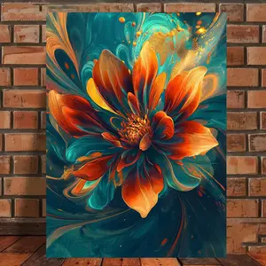 1pc Vibrant Abstract Flower Canvas Wall Art, Bright Orange & Teal Blue Design,  , Ready to Hang – Perfect for Home, Office, or Corridor Decor, Ideal Valentine’s Day Gift, Perfect for Room Decor