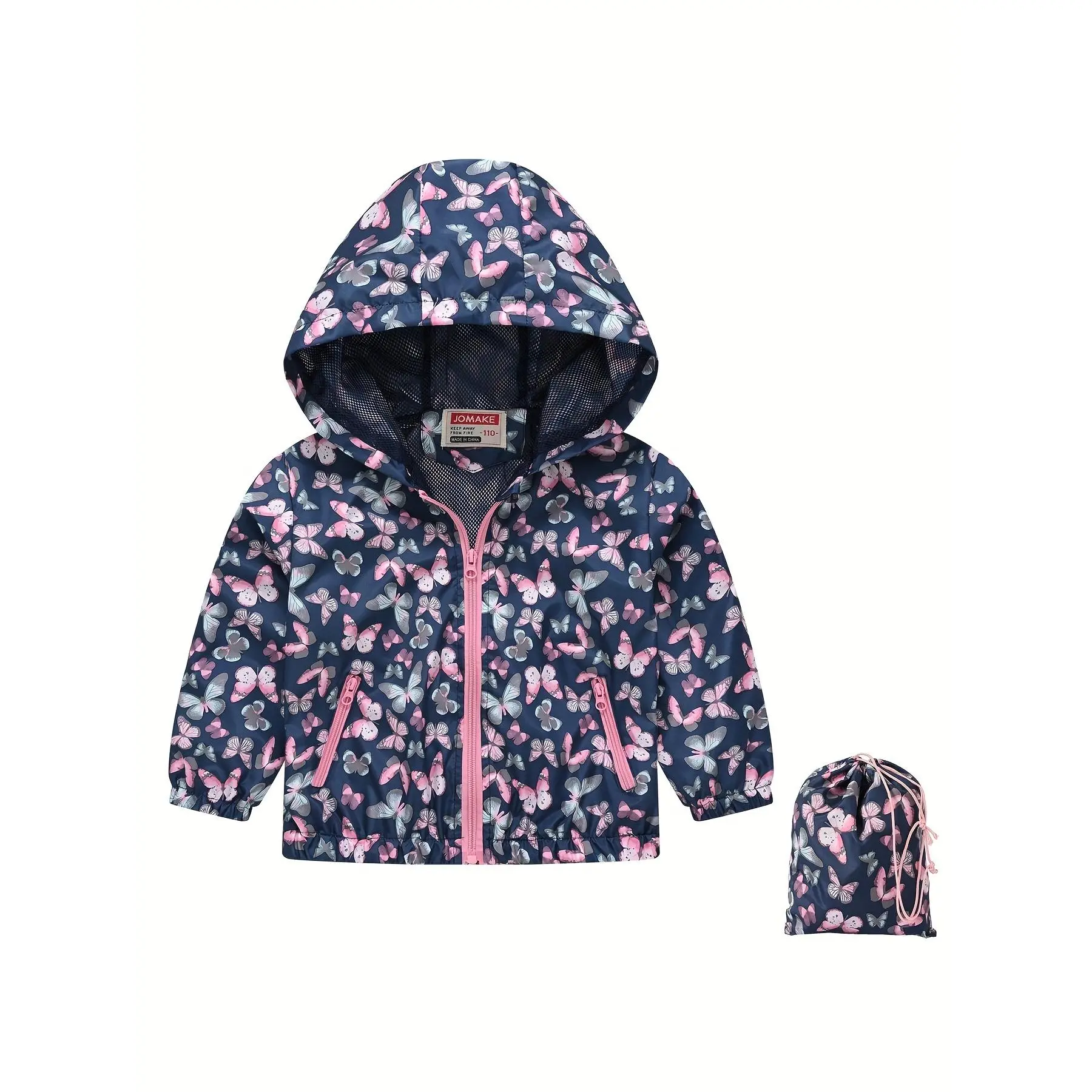 NEWGirls' Butterfly Print Hooded Jacket, Summer Breathable Lightweight Double-Layer Outerwear Jacket with Storage Bag