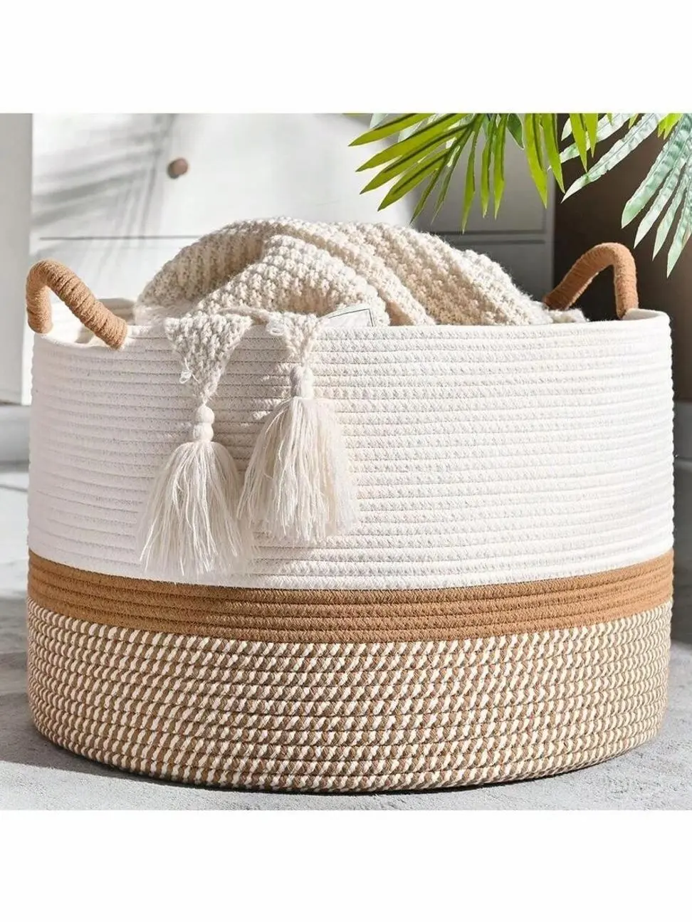 Large Woven Cotton Rope Basket - 20"x13" Decorative Storage Bin for Nursery, Laundry, Blankets, and Toys - Sturdy Decorative Home Organizer