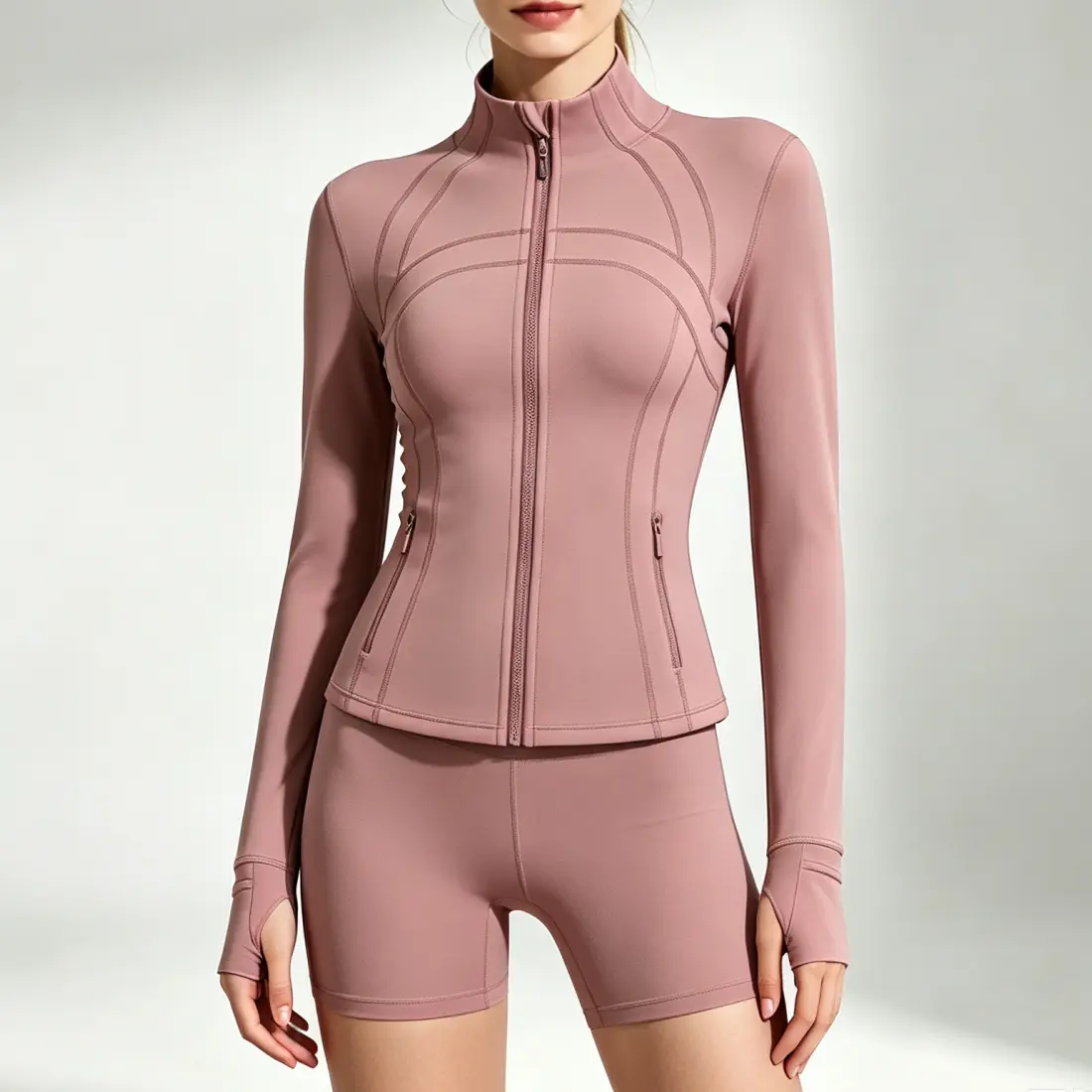 Women’s running fitness outdoor top featuring a stand collar and zippered pockets; stretchy, minimalist, stylish, sexy slim fit; women’s long-sleeve yoga jacket for everyday sports and casual wear. sohochic
