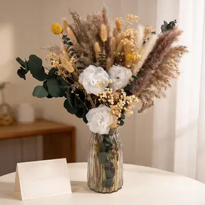 Boho Dried Flower Bouquet with Sleek Glass Vase for Home Decor - Ideal Gift for Plant Lovers and Room Enthusiasts