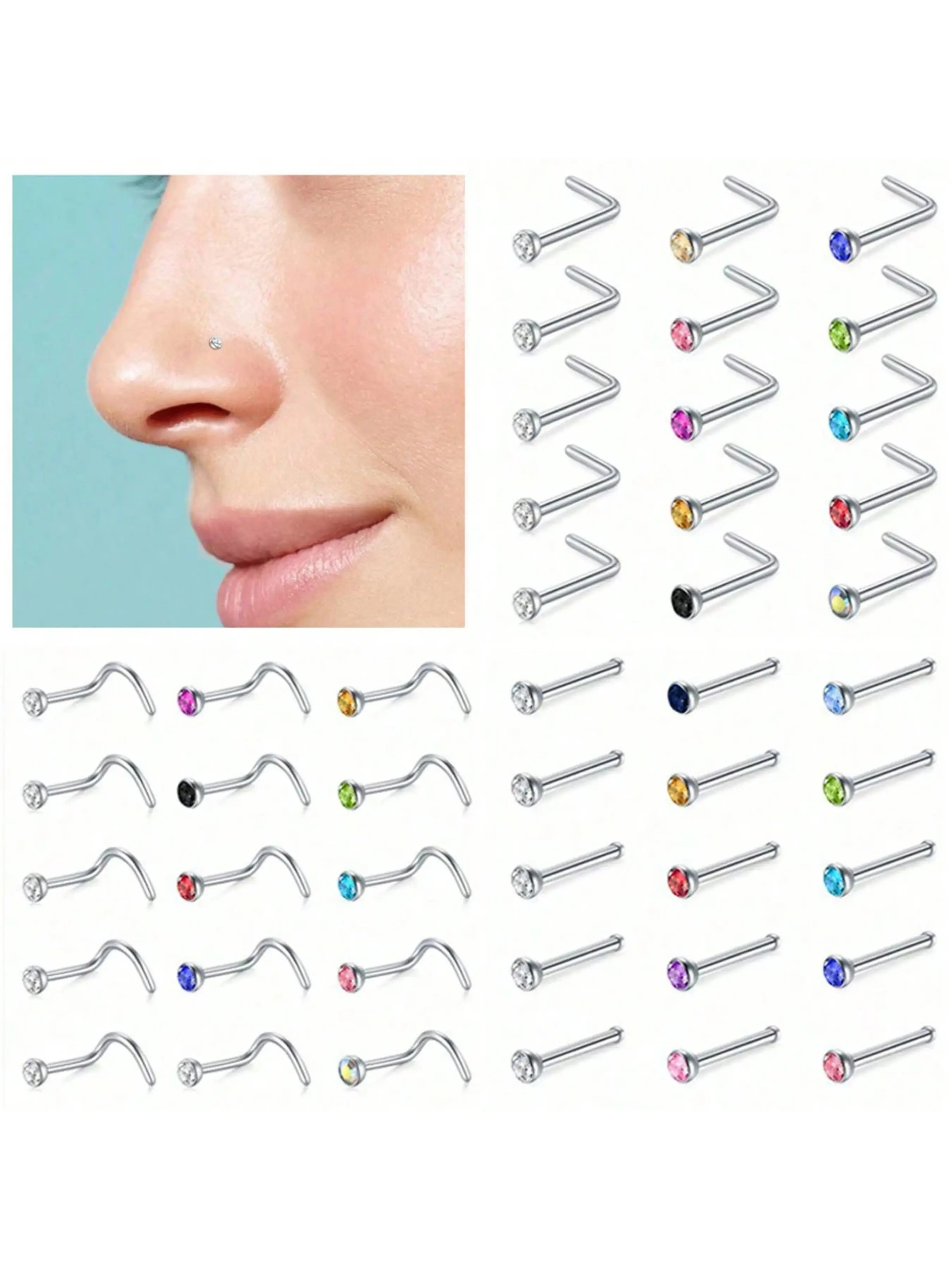 15Pc Nose Rings Studs for Women Mens Nose Rings Surgical Steel Real Stud Nose Rings L Shaped Corkscrew Bone Nose Piercing Stud Piercing Jewelry Piercings Jewelry