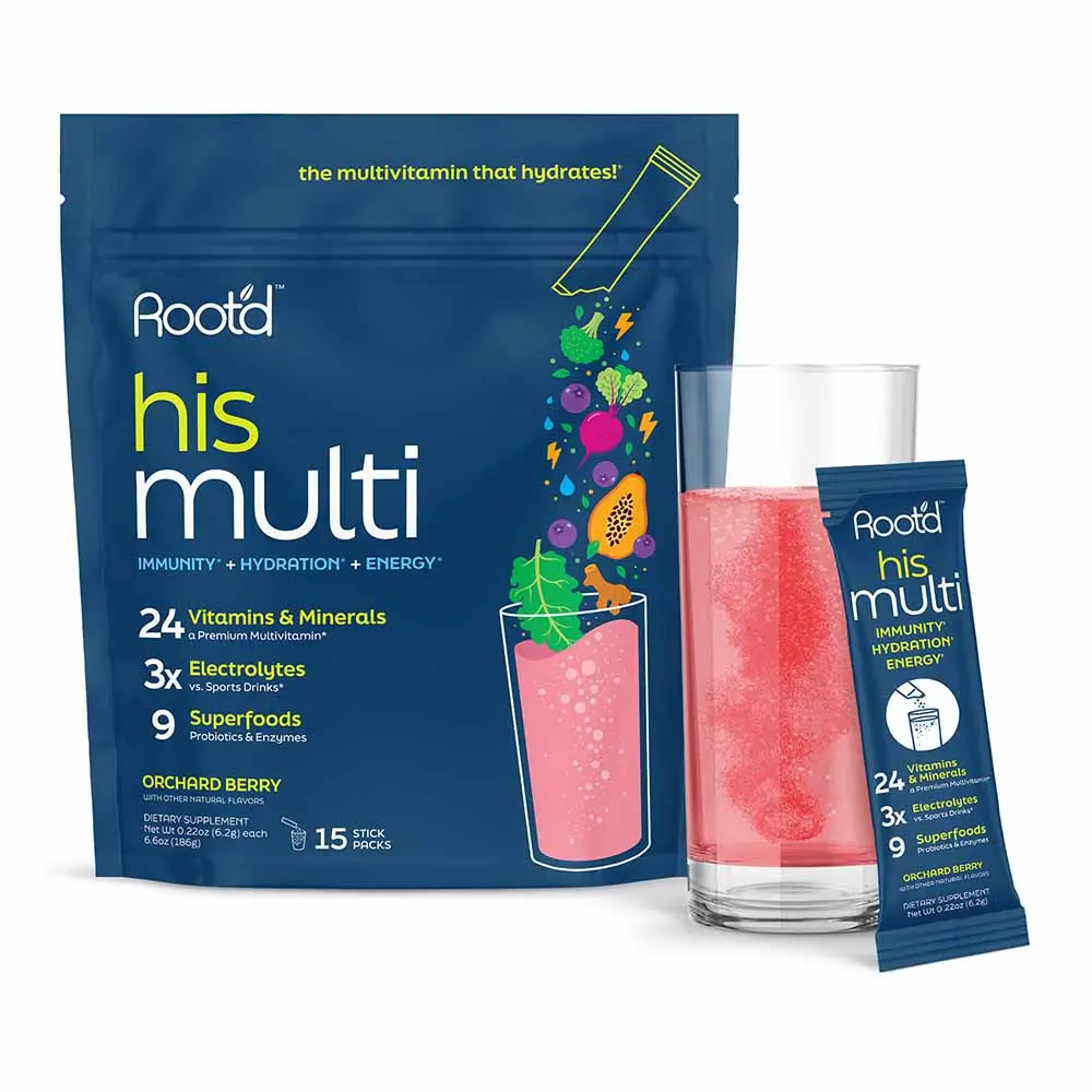 Root'd Multivitamin Powder for Men - 24 Vitamins & Minerals with 3X Electrolytes, 9 Organic Superfoods, Probiotics & Enzymes, Sugar-Free Multivitamin & Hydration
