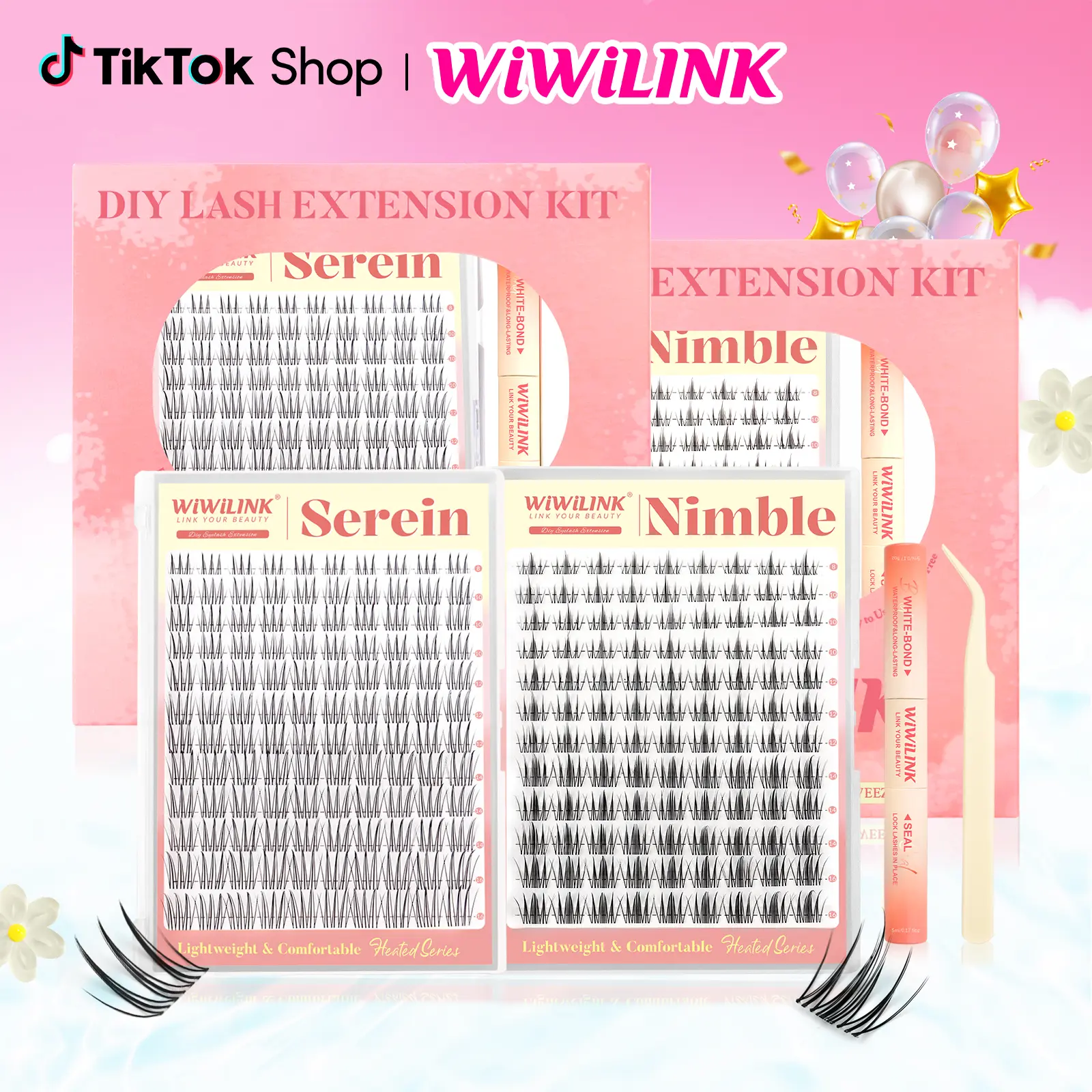Wiwilink Serein Nimble Natural Lash Clusters Lash Extension Kit Ultra-Thin Transparent Bands C/D Curl DIY Lashes for Beginners Makeup