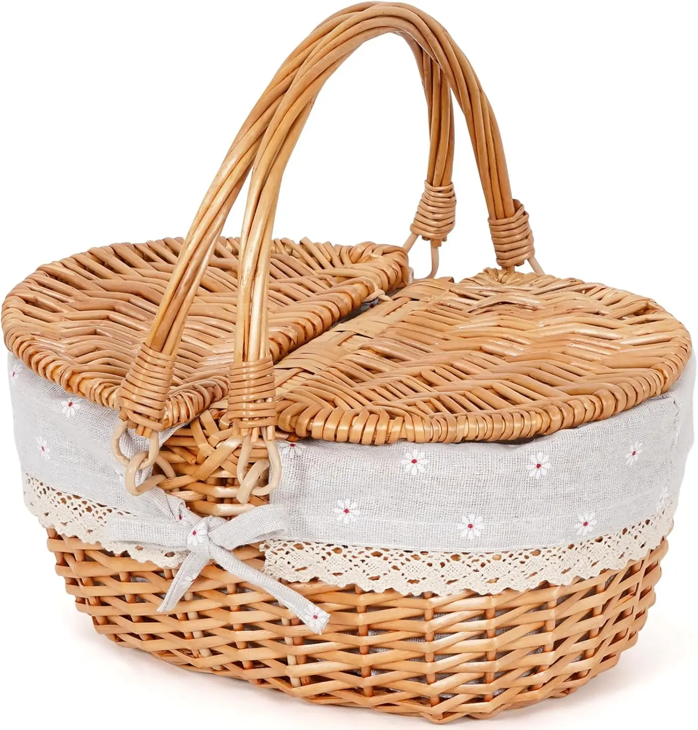 12" Picnic Basket - Small Wicker Basket with Foldable Handle Lid & Removable Liner | Cute Picnic Basket  Empty for , , Halloween, Christmas, Valentines, Easter, Birthday, Flower