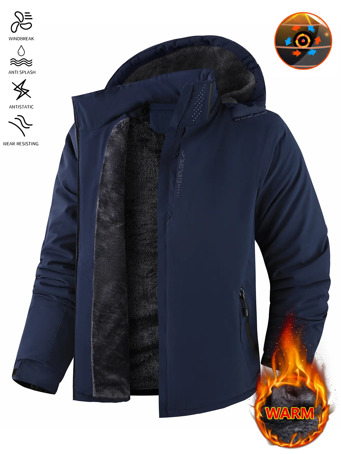 Men's Fitted Long Sleeve Winter Ski Jacket - Warm Lambswool-Lined, Waterproof Windproof Hooded Insulated Sport Outdoor Clothes, Machine Washable Outerwear for Snowboarding, Hiking, Waterproof Windproof Outerwear