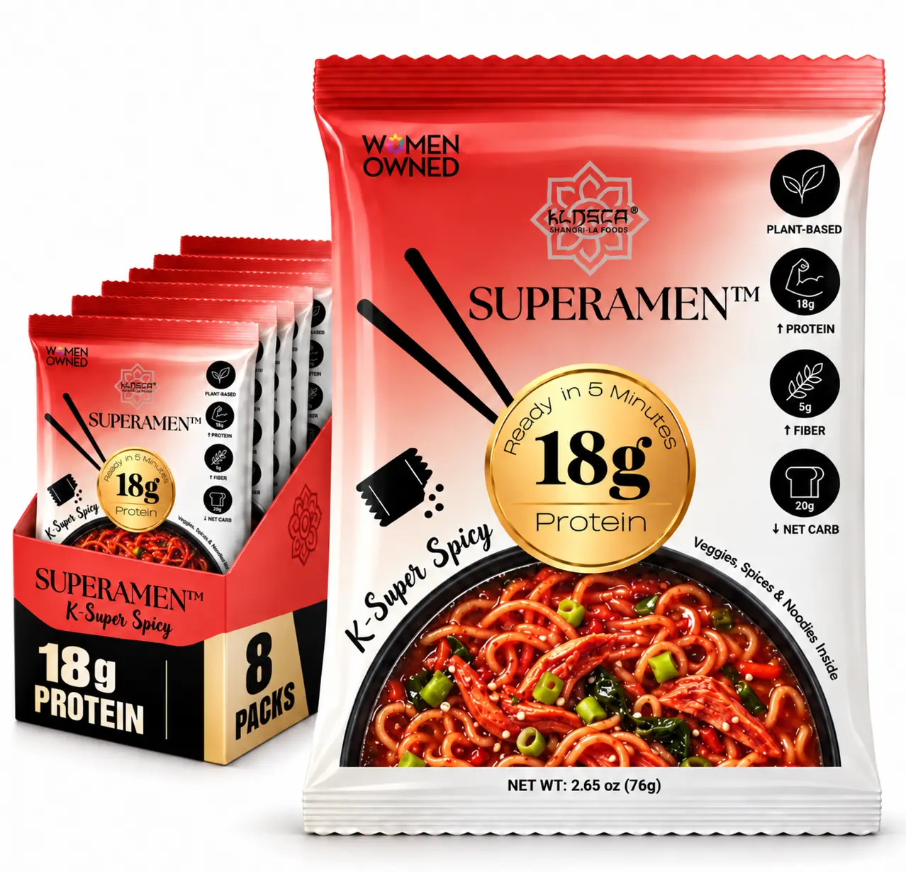 Superamen High Protein Instant Ramen — 32g Plant Protein, Air-Dried Sauce-Coated Noodles, K-Spicy Chicken, 8-Pack