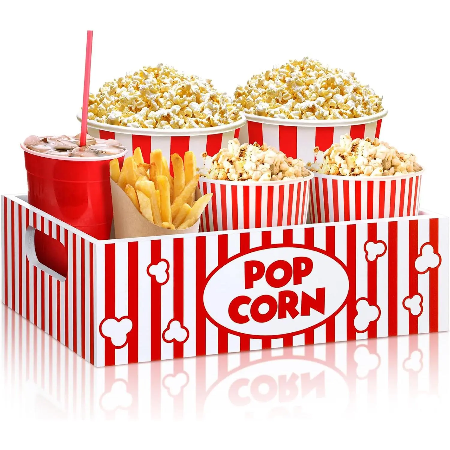 Sturdy Reusable Wooden Gift Snack Tray with Handles - Striped Popcorn Bowl, Happy Birthday Ideas, Valentine Movie Night Accessory for Friends’ Family Theater Room Selfie Setups, Stripes