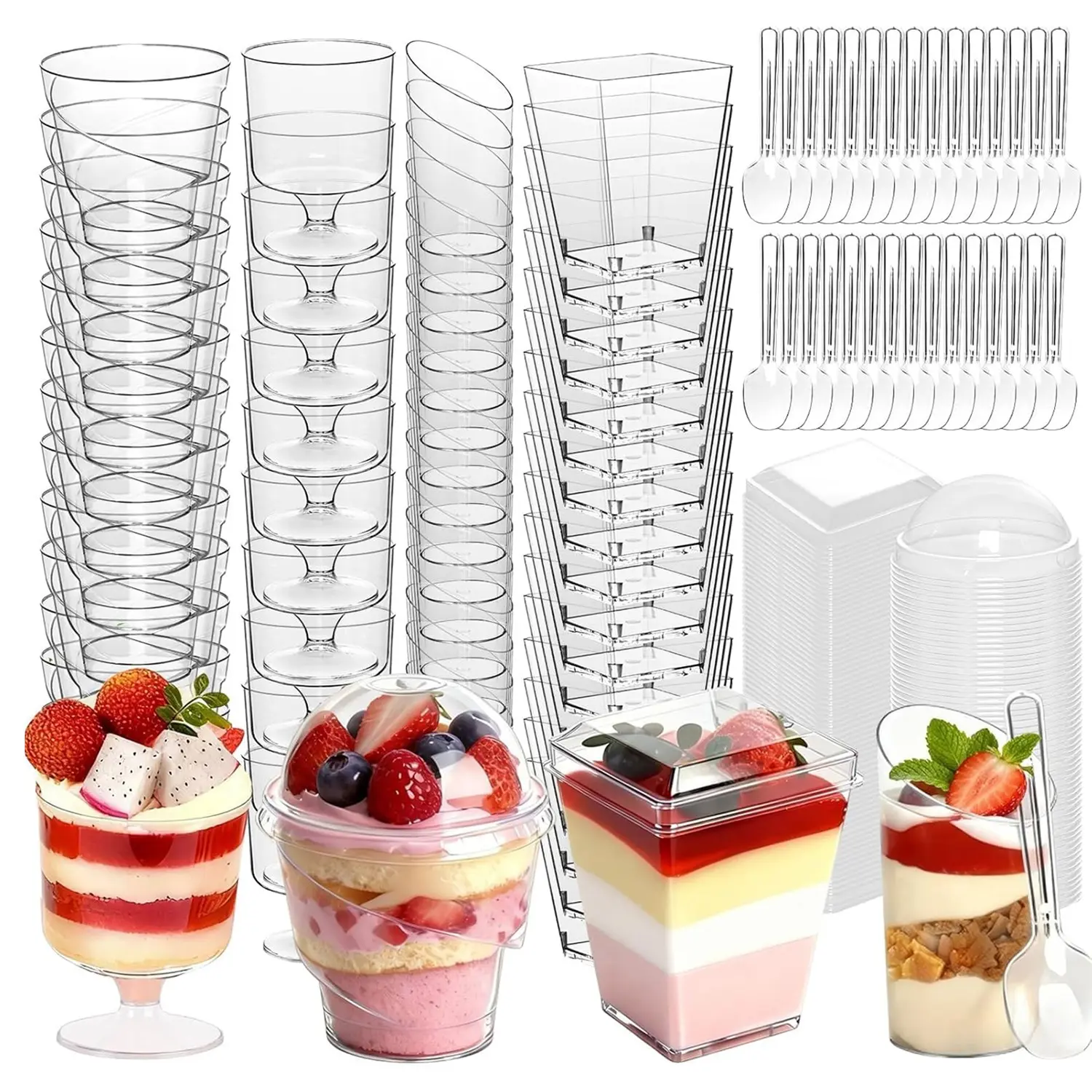 380 PCS Mini Dessert Cups with Lids and Spoons, Disposable Food Grade Plastic Parfait Cups, Appetizer Shooter Cups, Round Yogurt Cups for Parties, Ice Cream, Pudding, Fruit, Party Supplies, Disposable Tableware Supplies