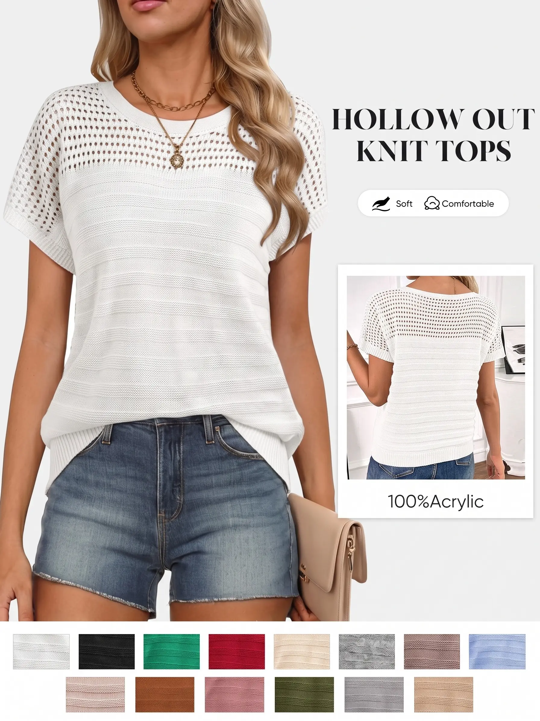 Shewin Women's Hollow Out Knit Sweater, Short Sleeve Crew Neck Pullover, Casual & Minimalist Style, Soft Acrylic Fabric, Summer Wear,back to school,back to school shopping